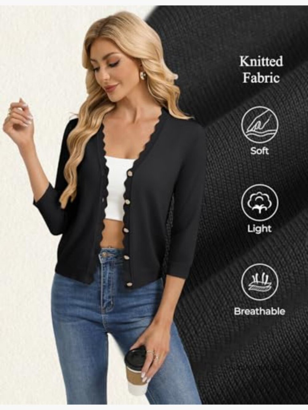 3/4 Sleeve V-Neck Button Down Lightweight Cardigan Sweater - Picture 5 of 7
